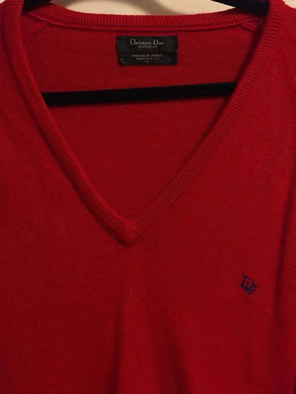 Vintage Christian Dior Monsieur Red V-Neck Orlon Acrylic Sweater - Picture 2 of 3